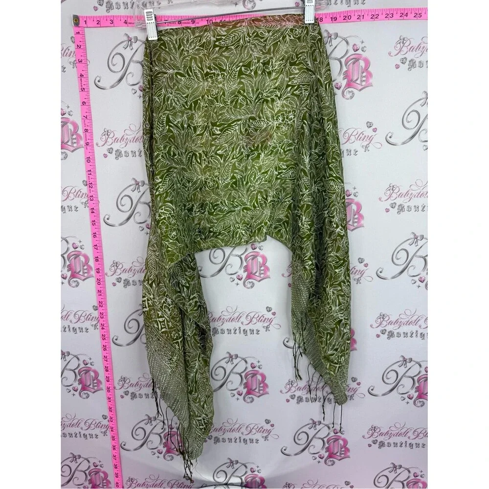 Scarf tassle Lightweight Olive Green Leaf Print Scarf - Women Accessories